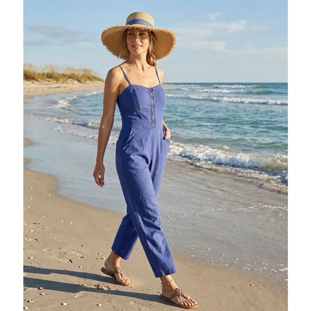 Mind Code Navy Corset Button-Front Jumpsuit with Pockets Size L Coastal Chic